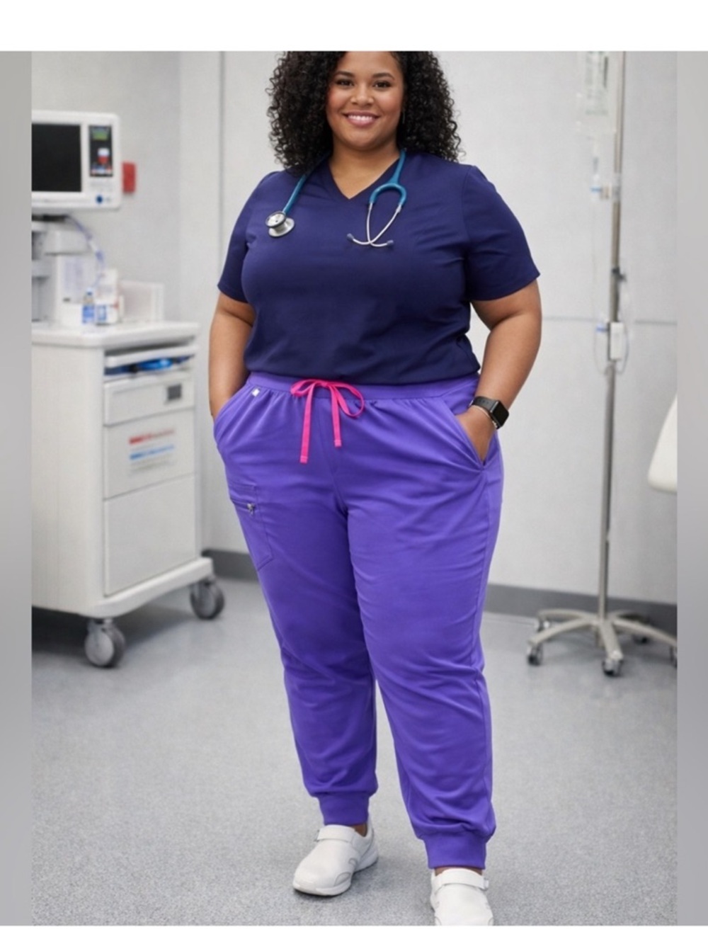 Figs High-Waisted Zamora Yoga Scrub Pants in Purple with Pink Accents 4XLP